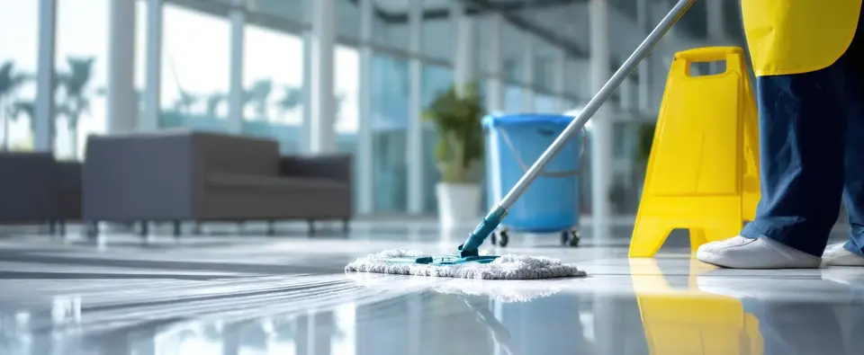 A mop and caution sign on a freshly cleaned floor