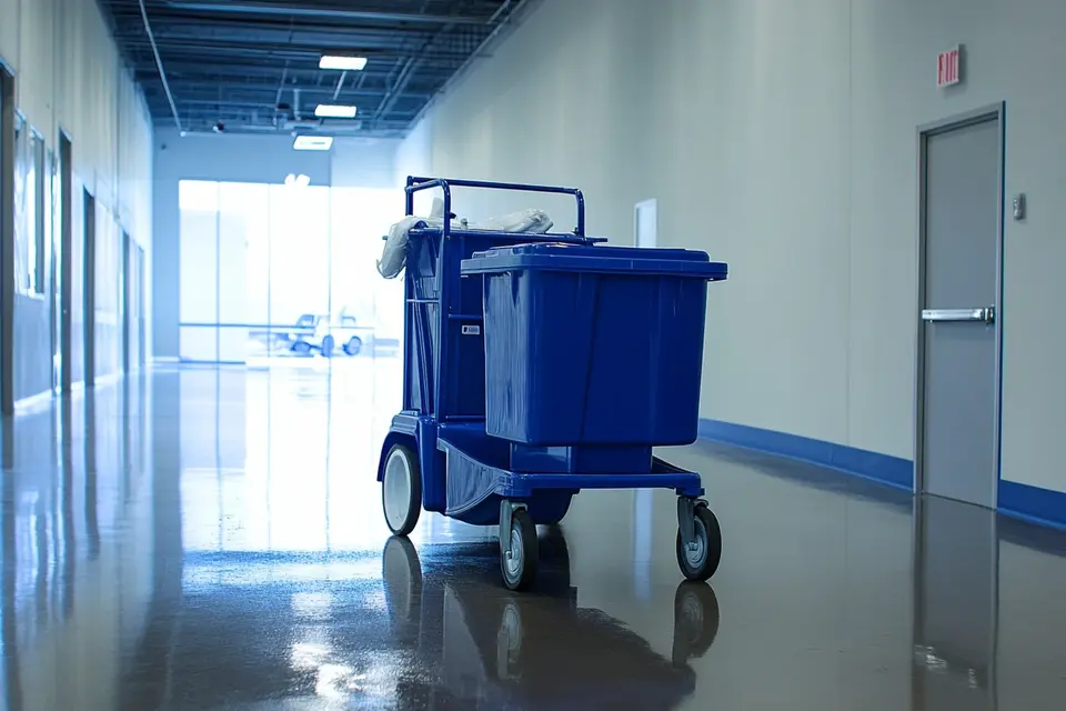 A cleaning trolley in a commercial corridor