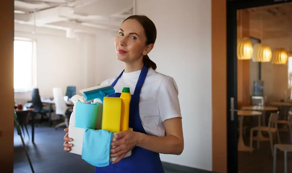 A cleaner holding cleaning supplies
